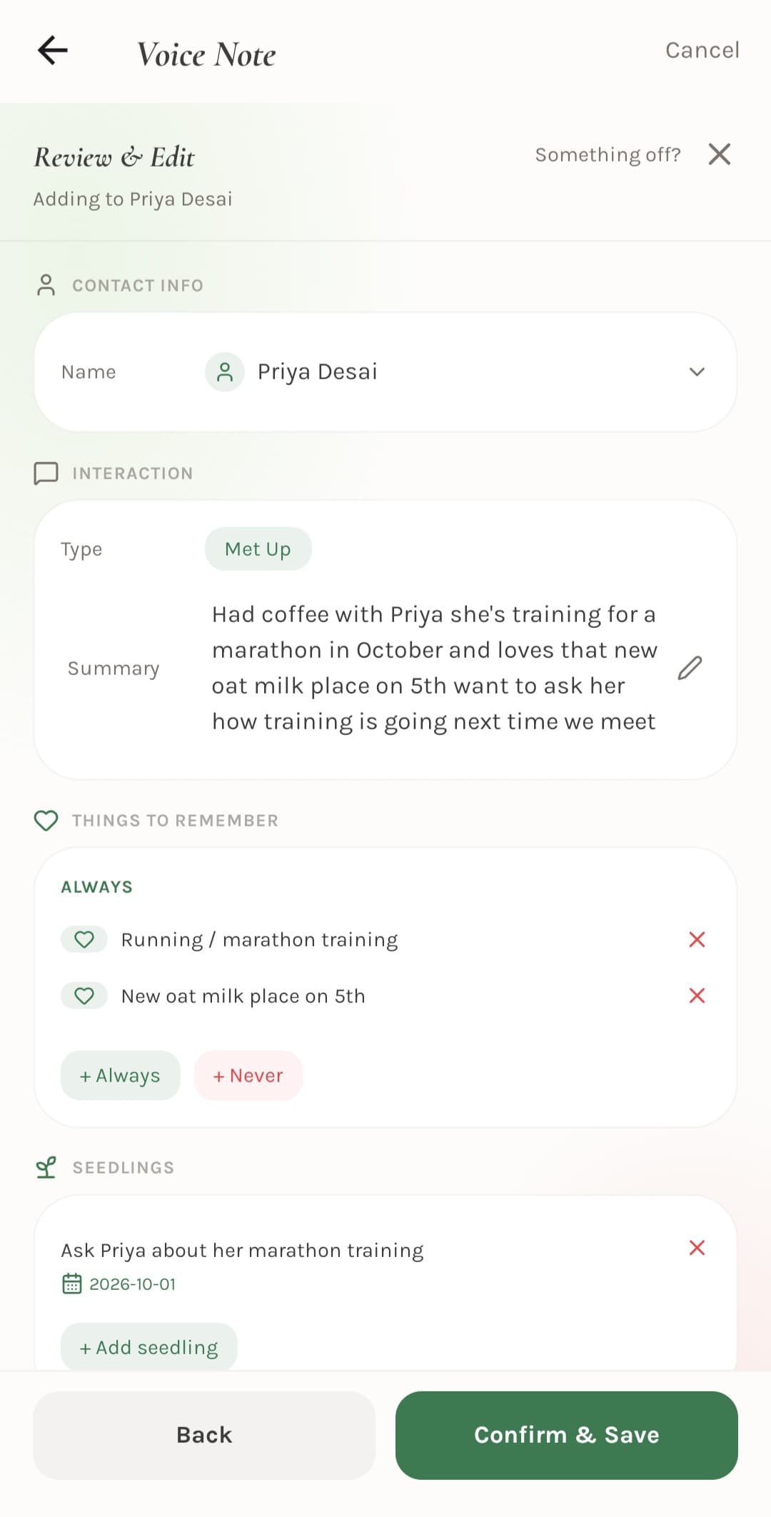 After a voice note about coffee with Priya, Grove fills in a contact card — interaction summary, things to remember (running and the oat milk place on Fifth), and a follow-up seedling for the October marathon.